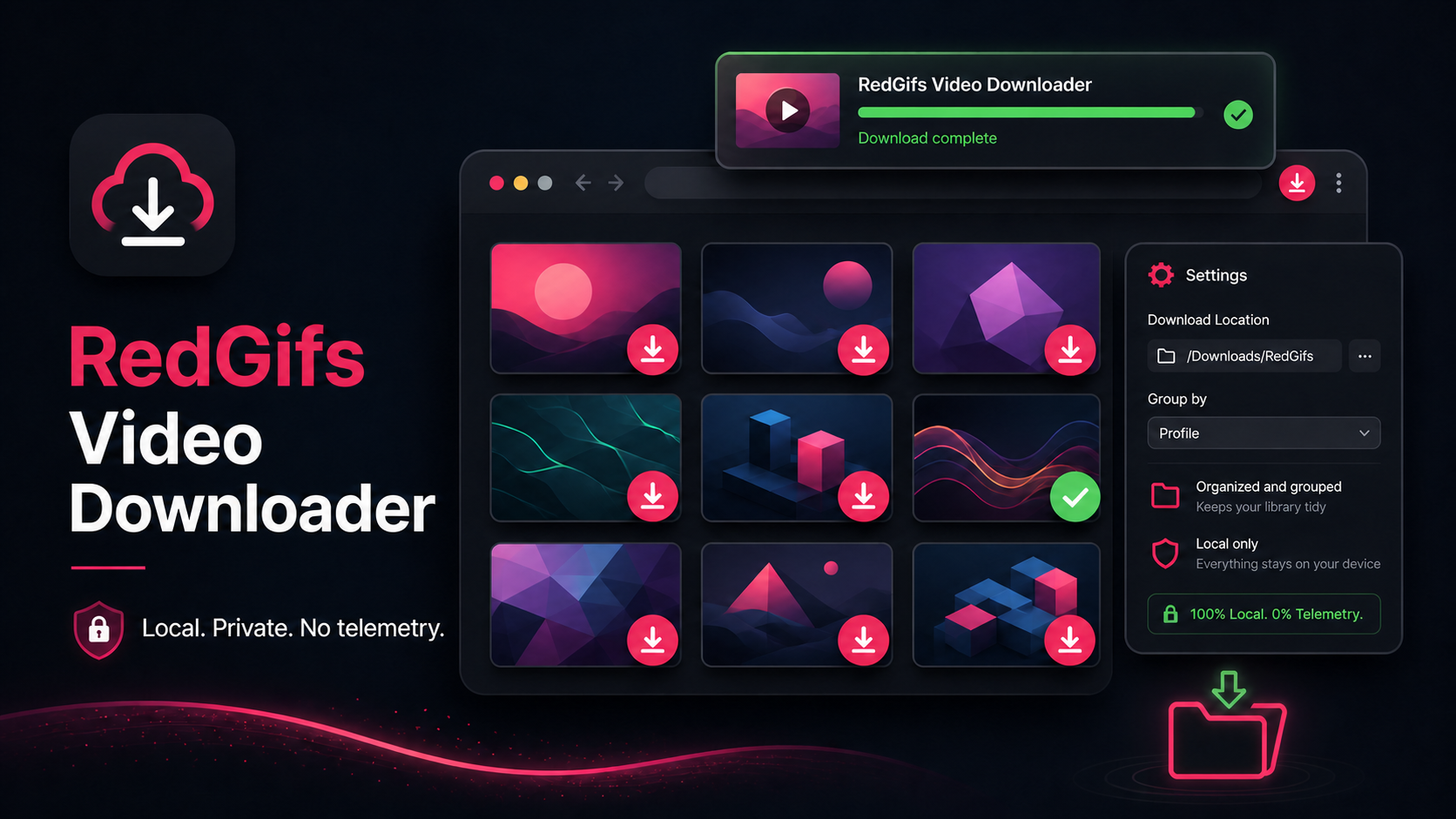 Интерфейс RedGifs Video Downloader: карточки роликов с кнопками загрузки, панель настроек и уведомление о завершении